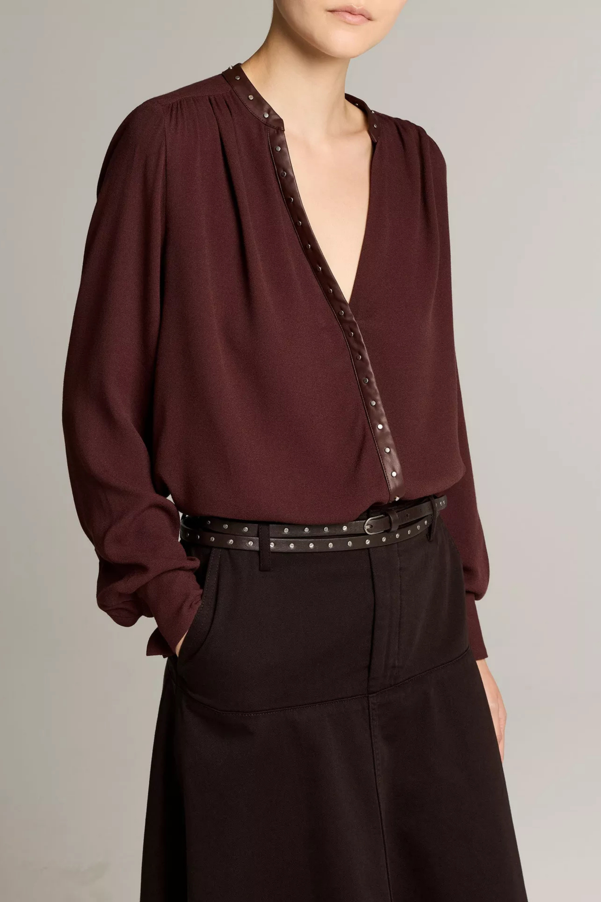 Vince Gathered Long Sleeve Top Studded Trim