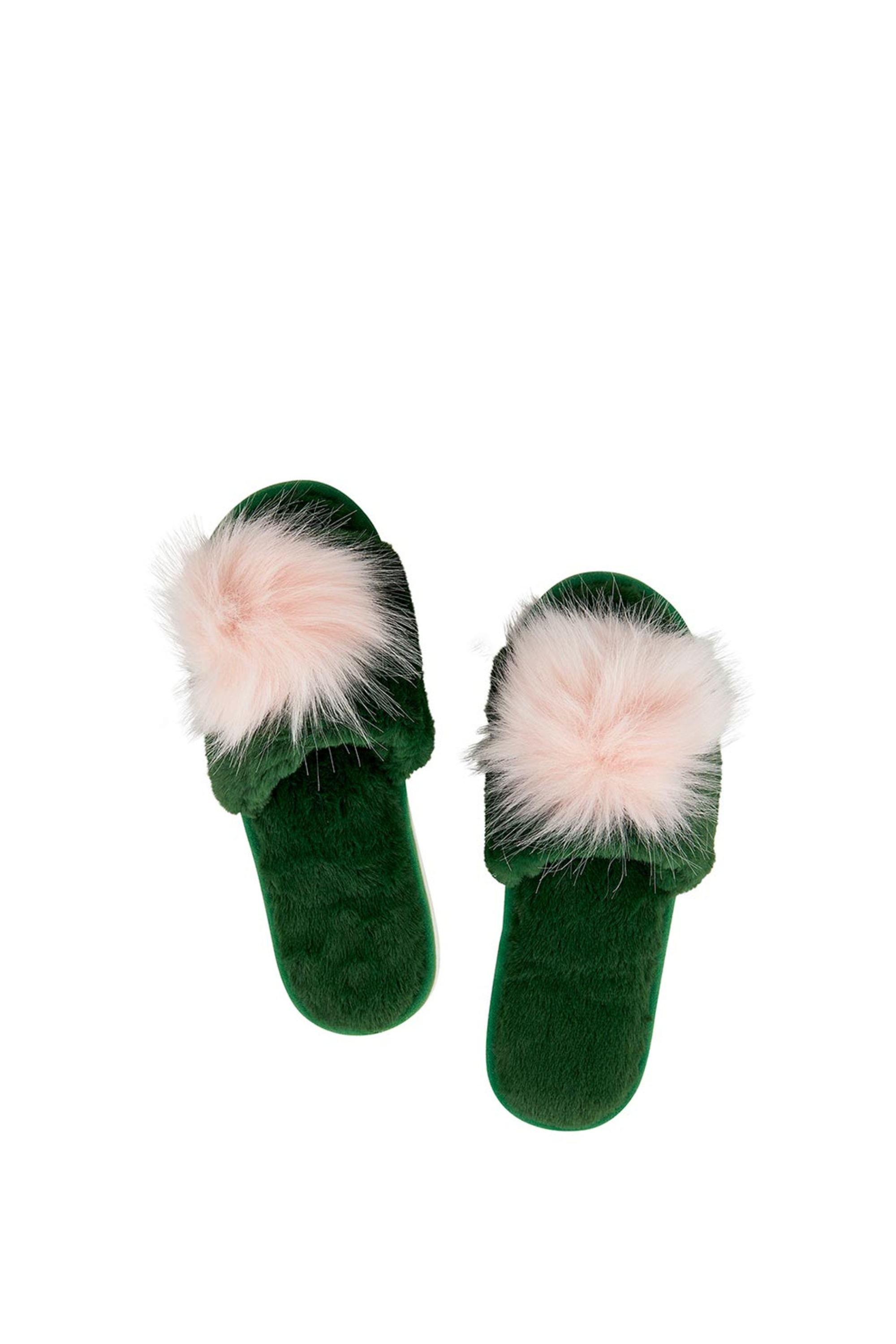 Bella Green Pink Pom Plush Slippers