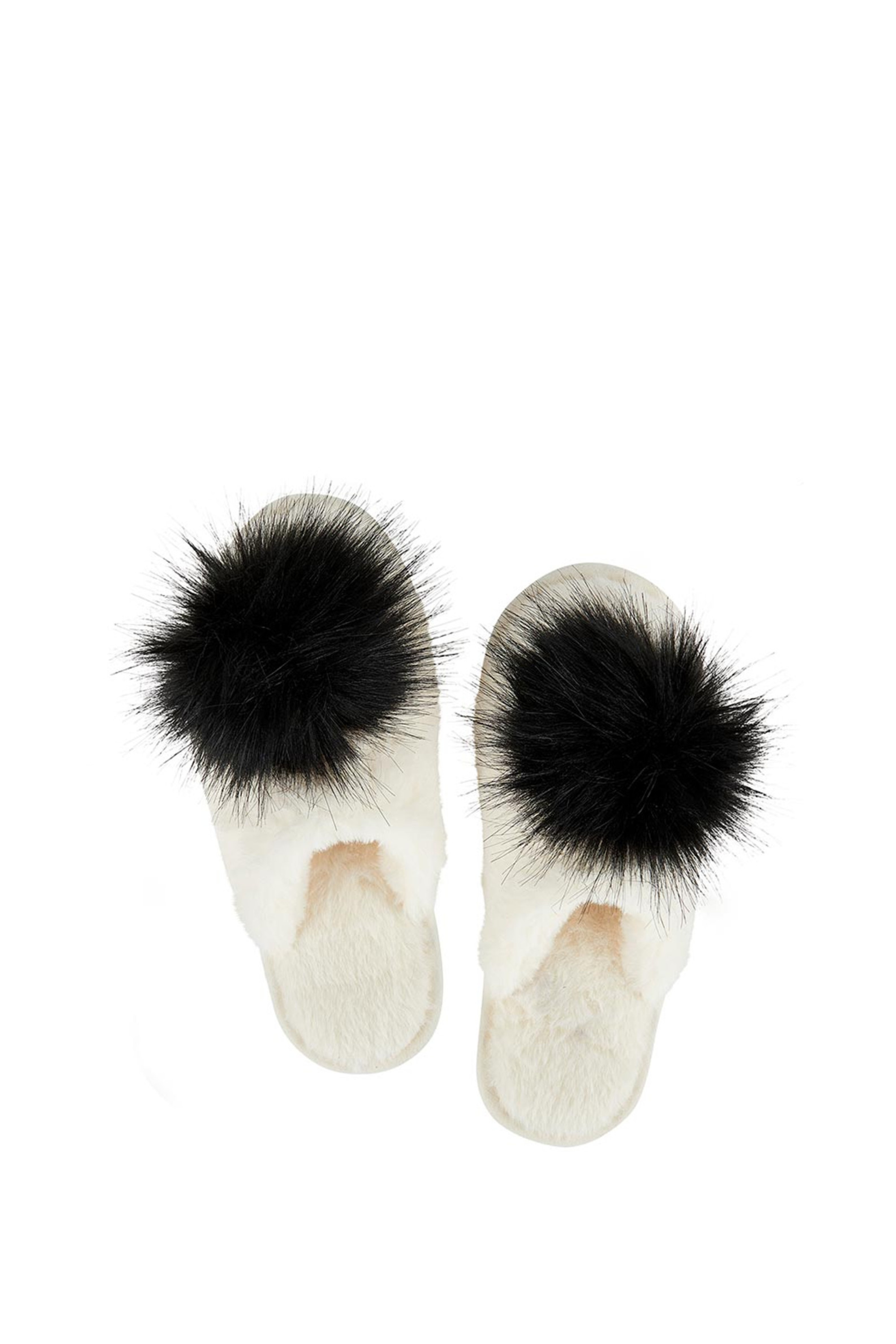 Bella Ivory Black Pom Plush Slippers