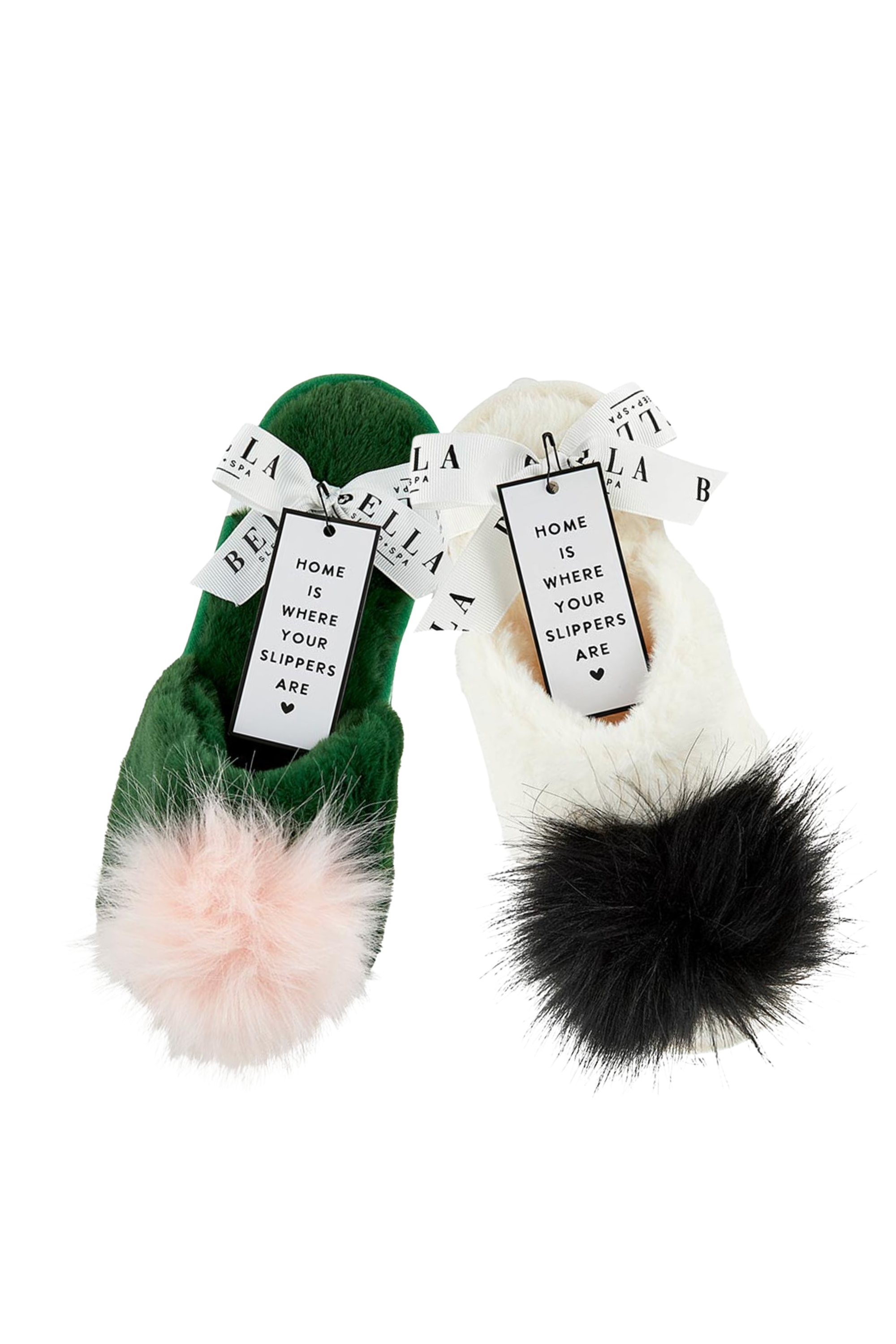 Bella Ivory Black Pom Plush Slippers