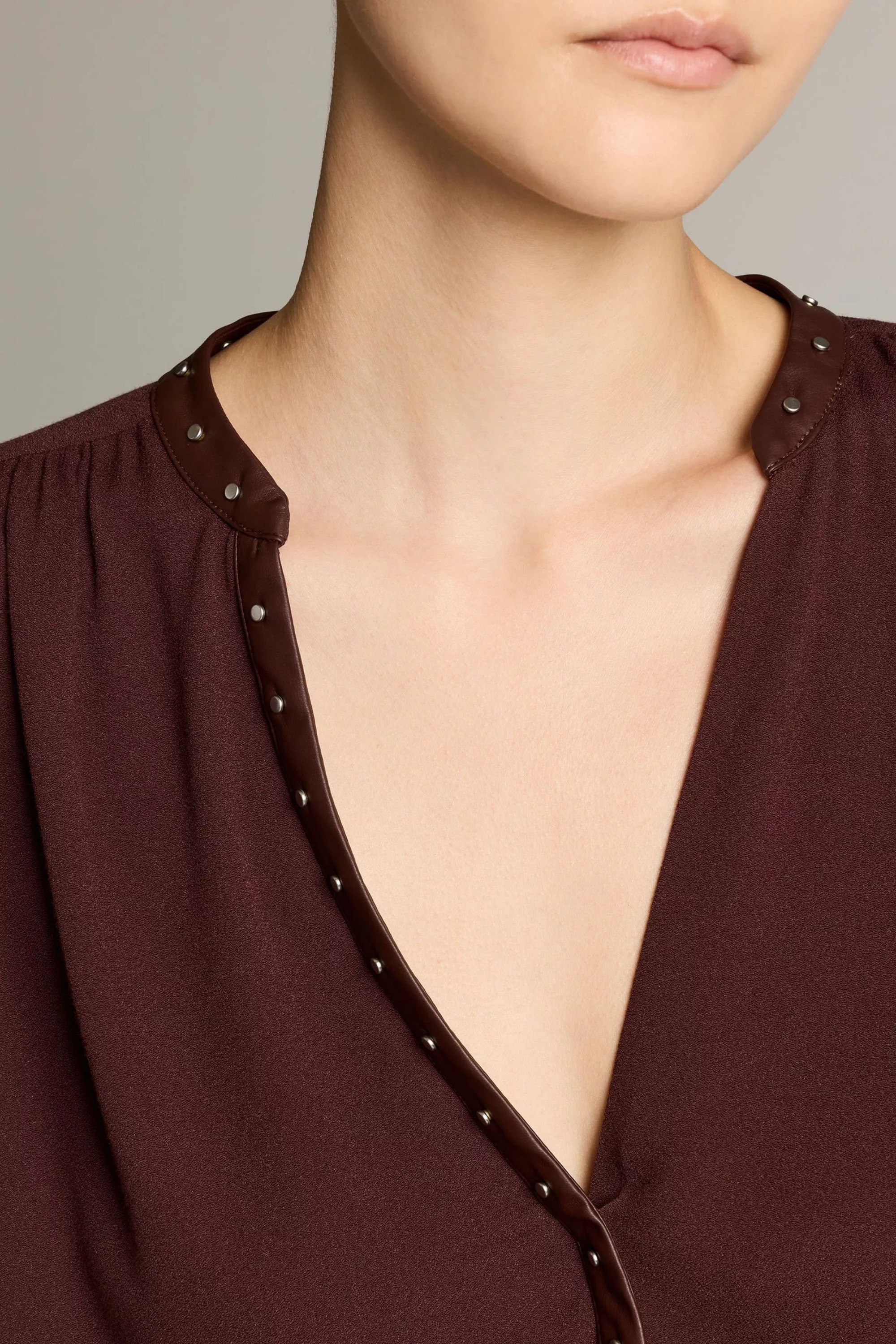 Vince Gathered Long Sleeve Top Studded Trim