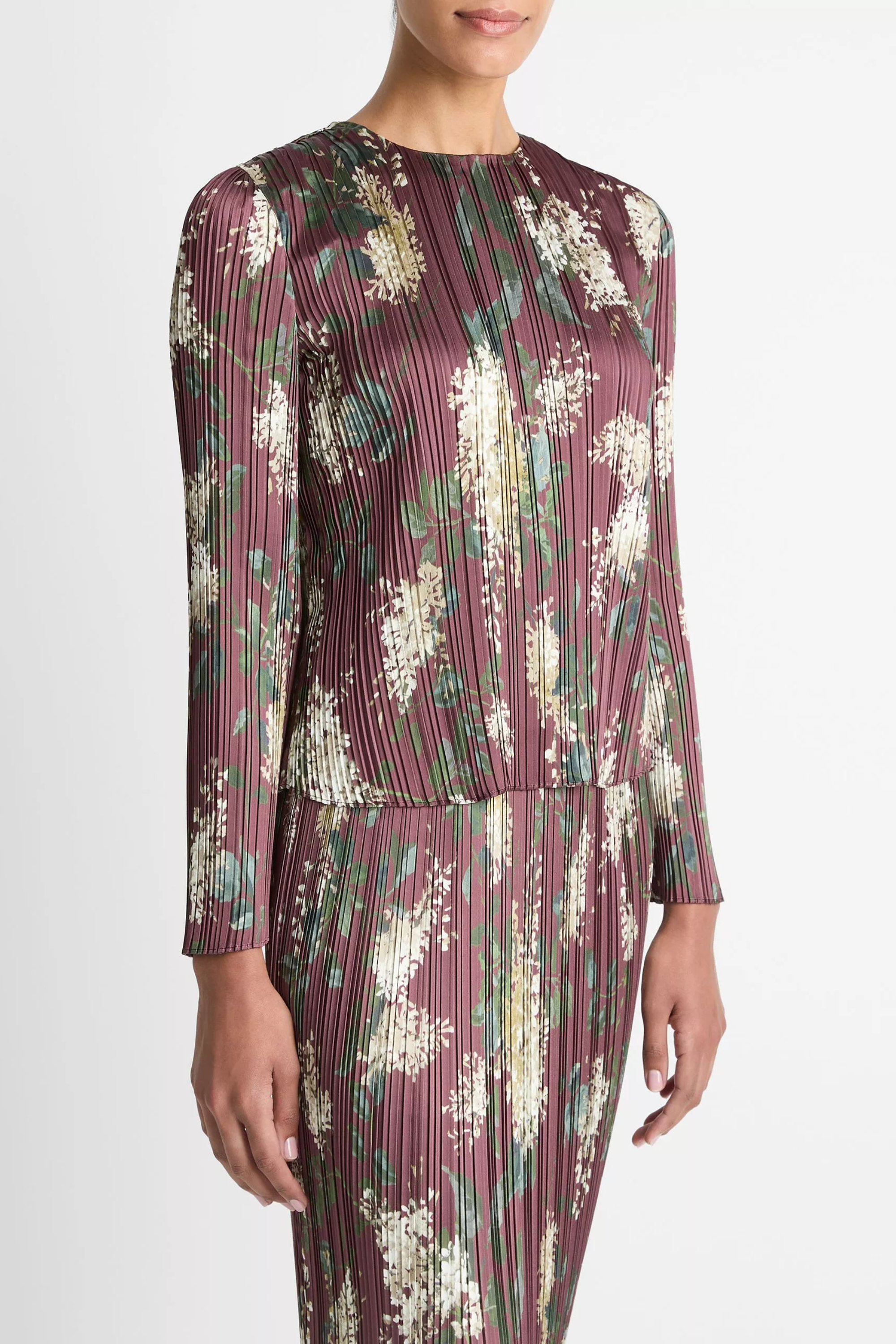 Vince Lilac Print Micro Pleated Crew Neck