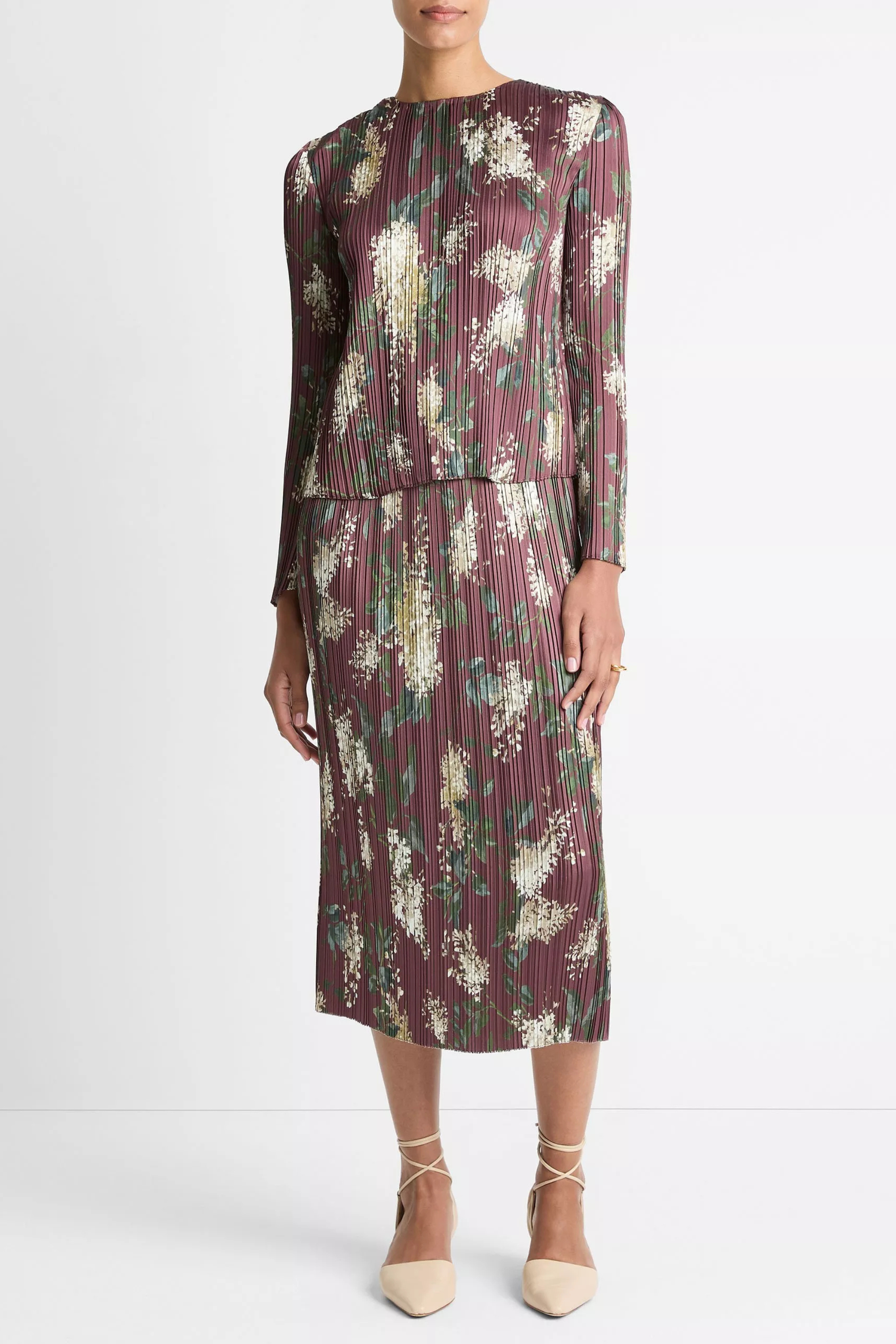 Vince Lilac Print Micro Pleated Crew Neck