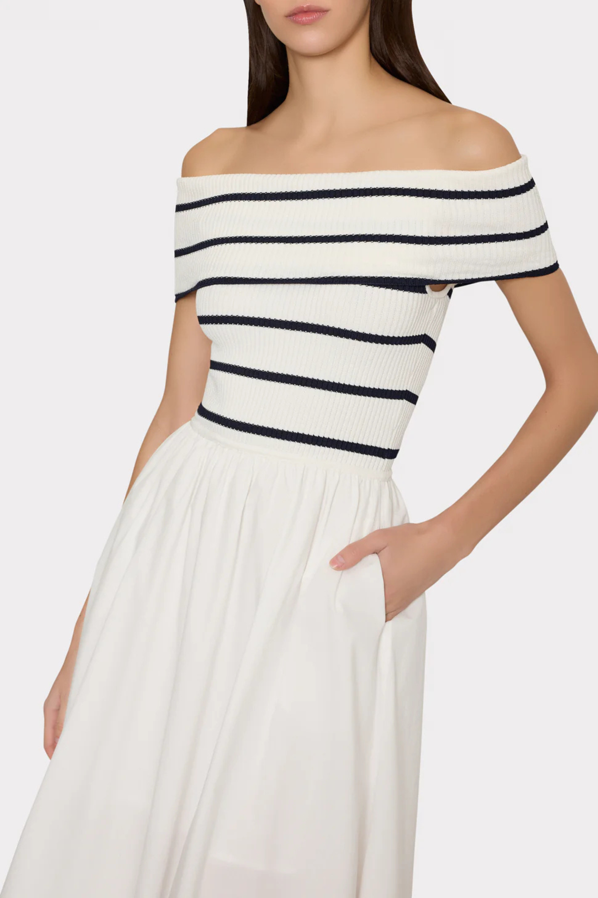 Milly Off Shoulder Stripe Knit Midi Dress