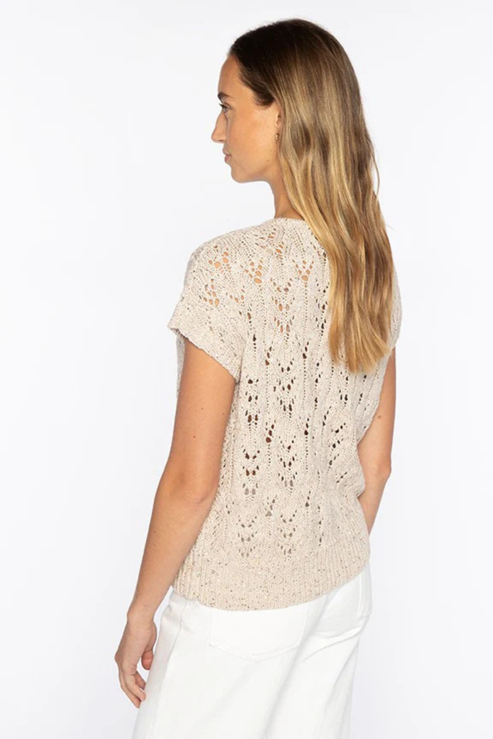 Kinross Sequin Cap Sleeve Open Work Vee