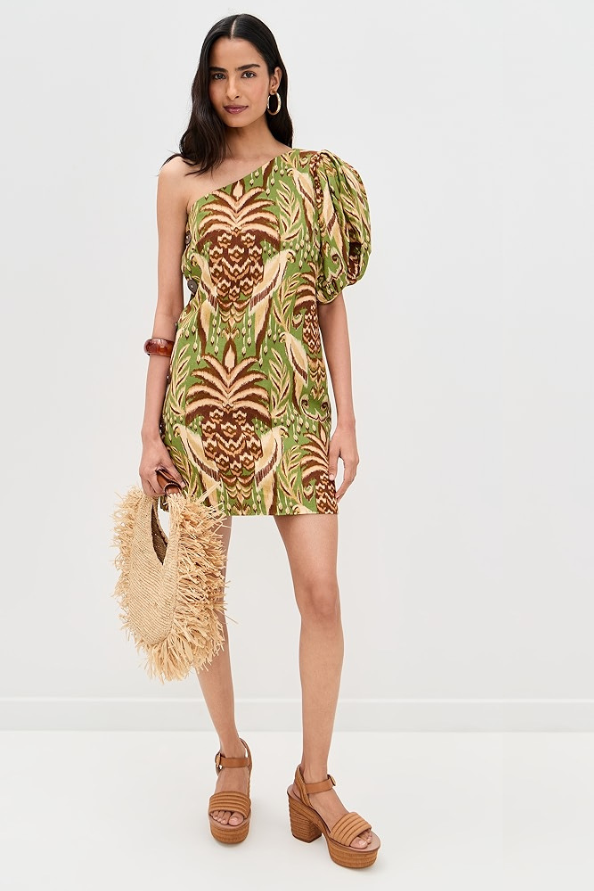 Farm Rio One Shoulder Buttoned Dress