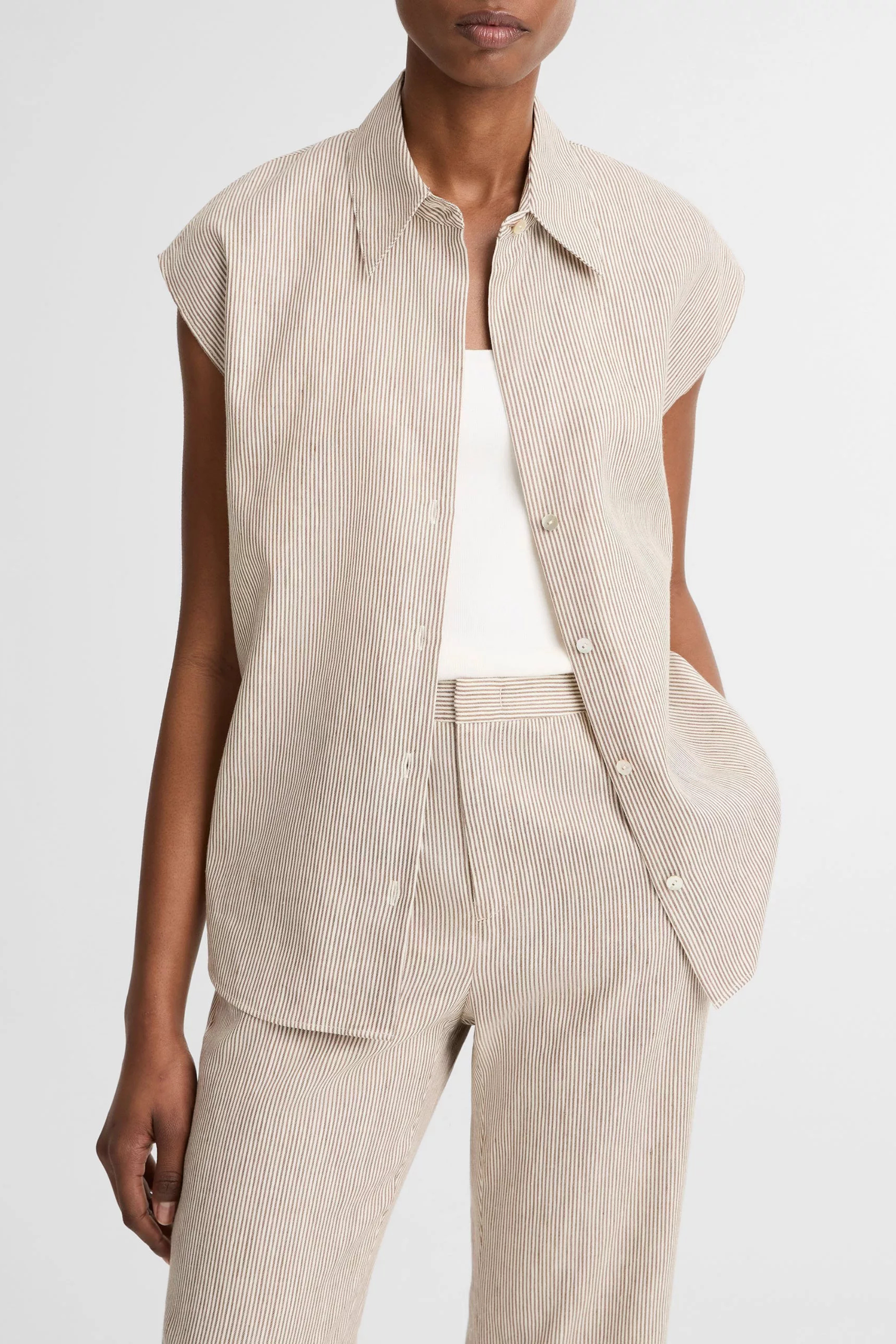 Vince Ticking Striped Cap Sleeve Blouse