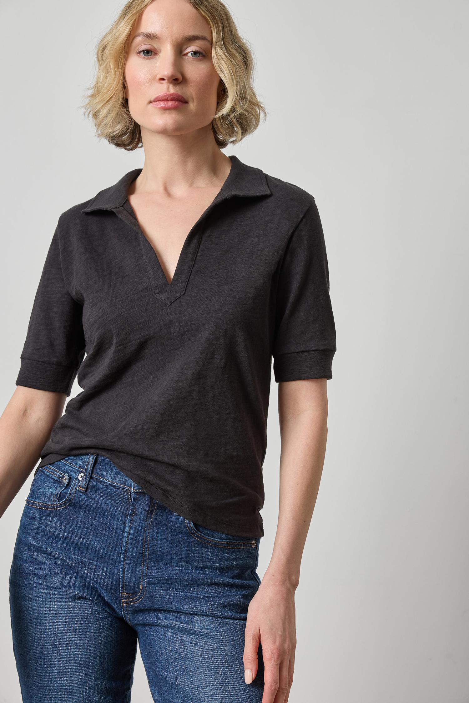 Lilla P Elbow Sleeve Collared Split Neck