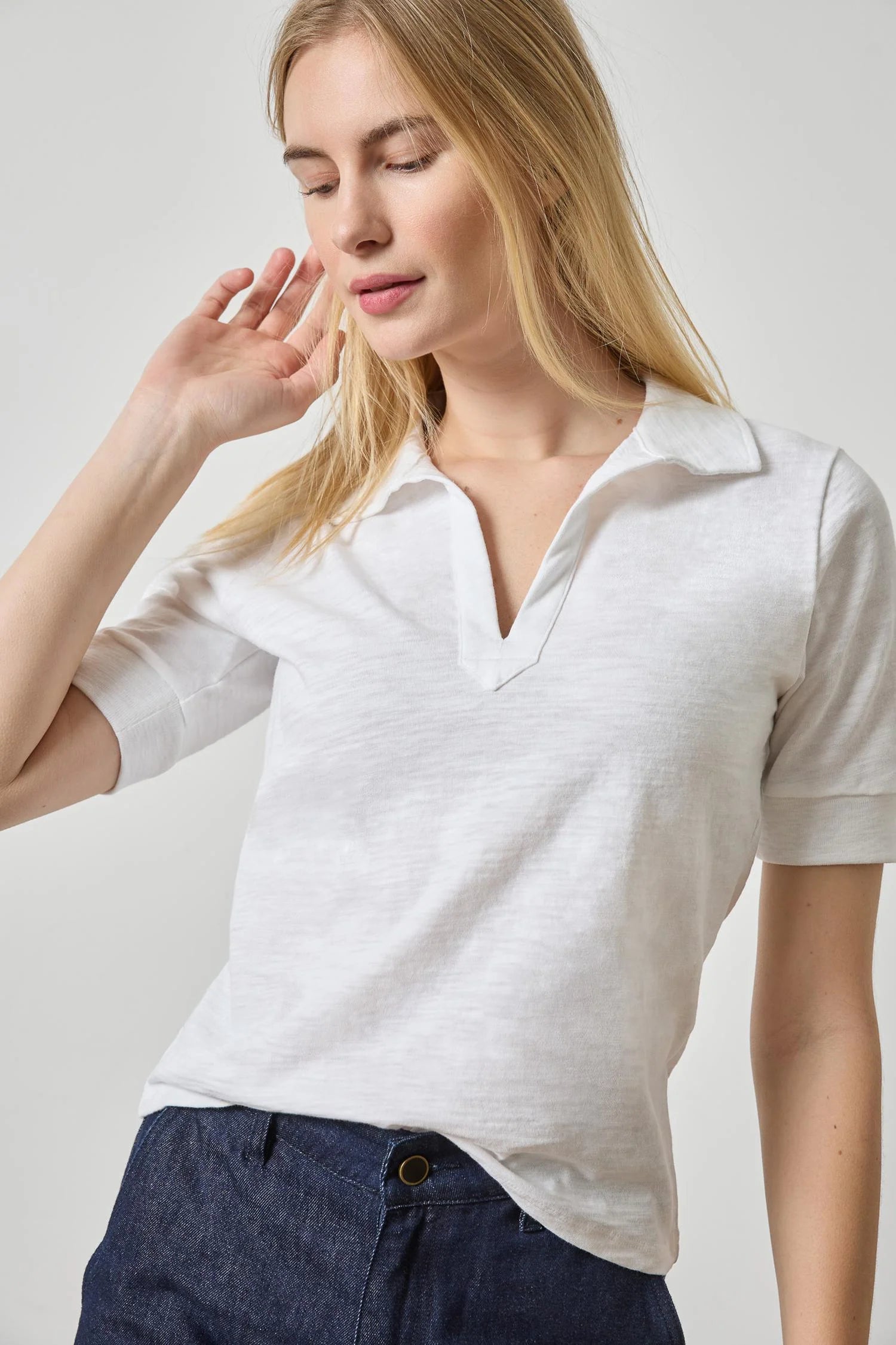 Lilla P Elbow Sleeve Collared Split Neck