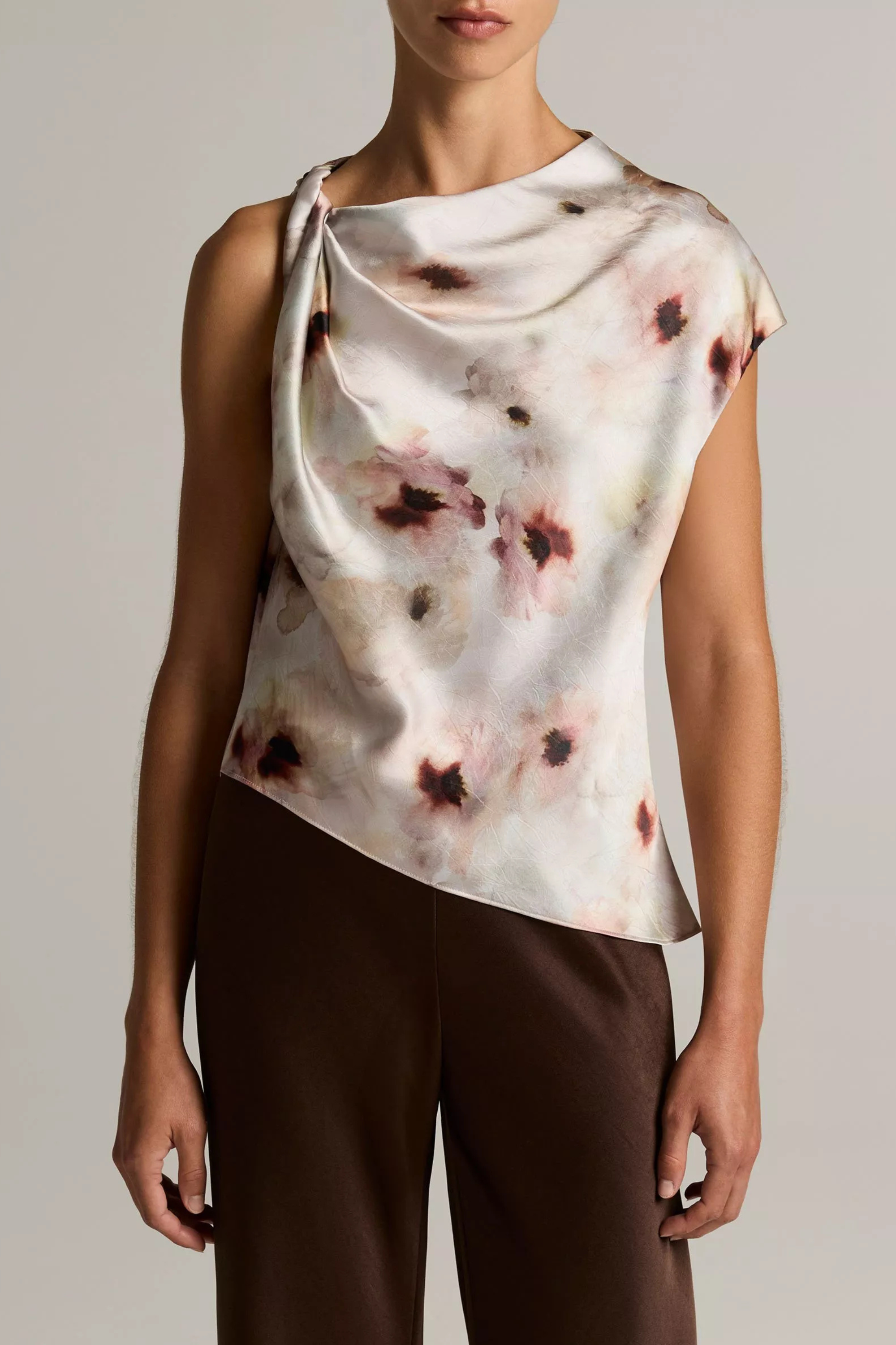Vince Watercolor Floral Twist Shoulder Top
