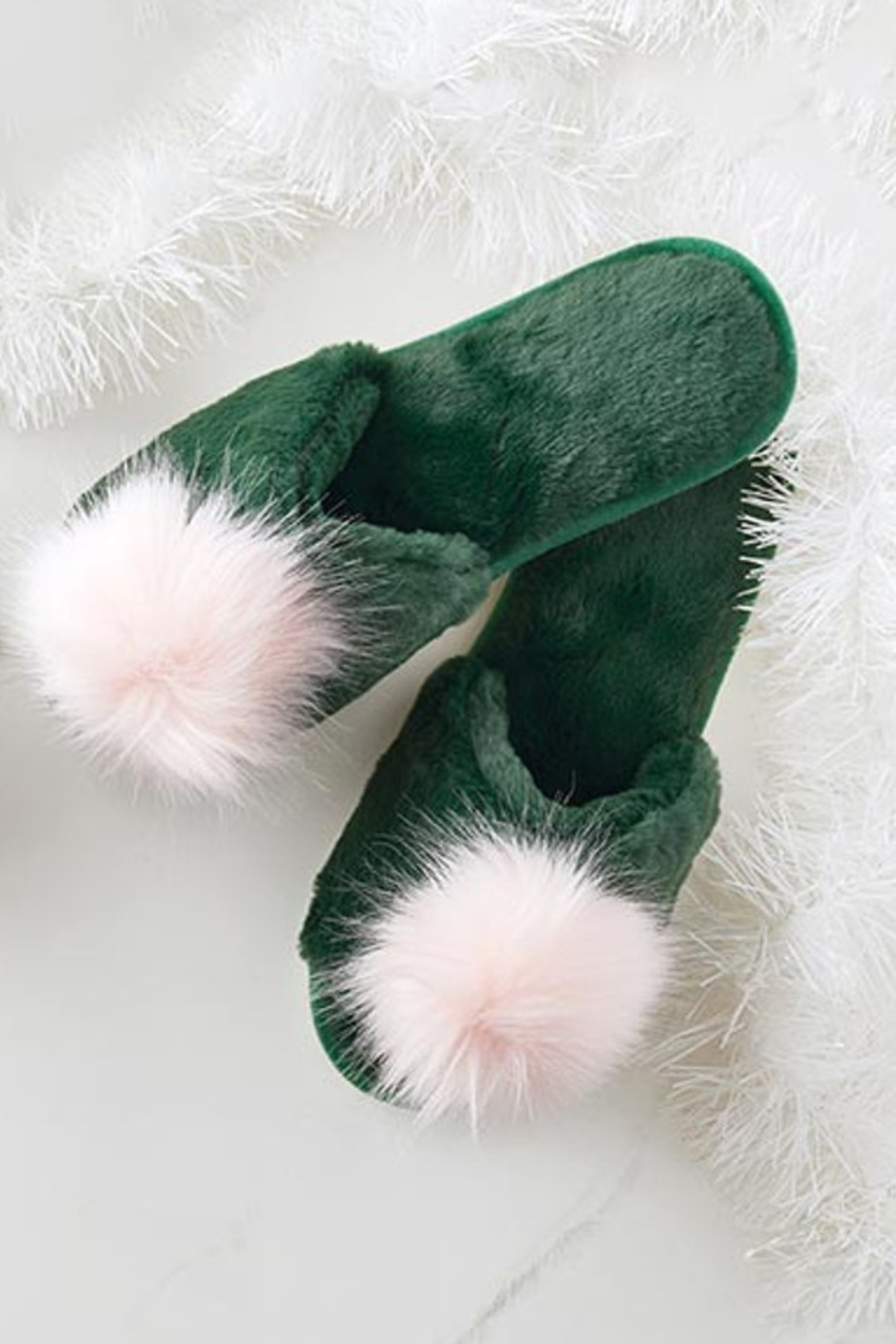 Bella Green Pink Pom Plush Slippers