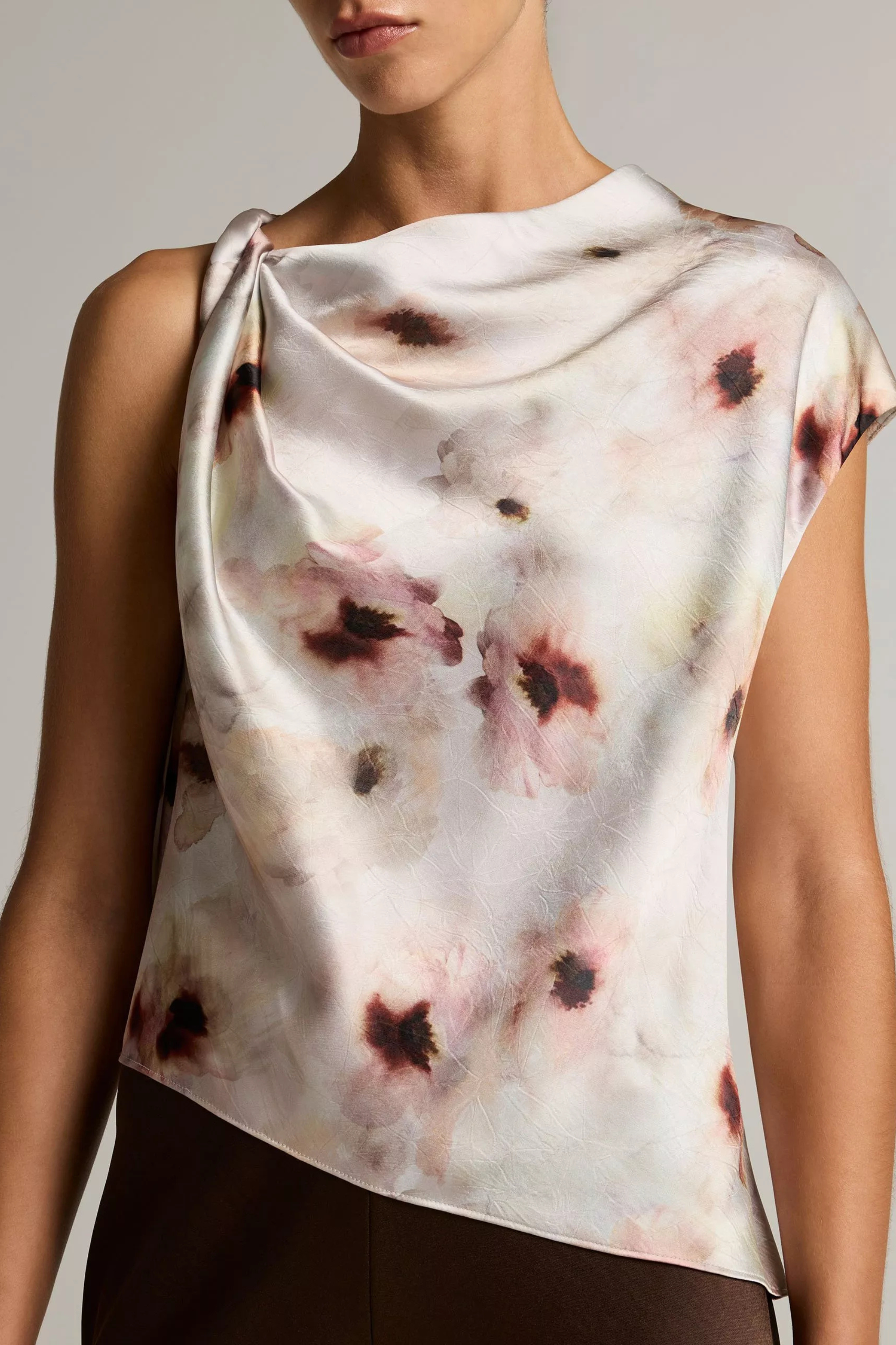 Vince Watercolor Floral Twist Shoulder Top