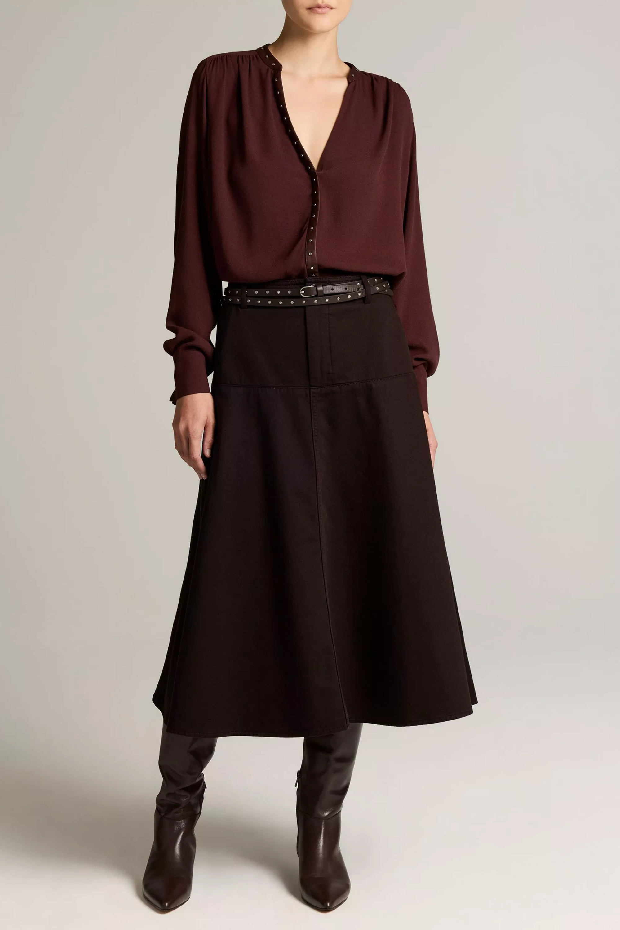 Vince Gathered Long Sleeve Top Studded Trim