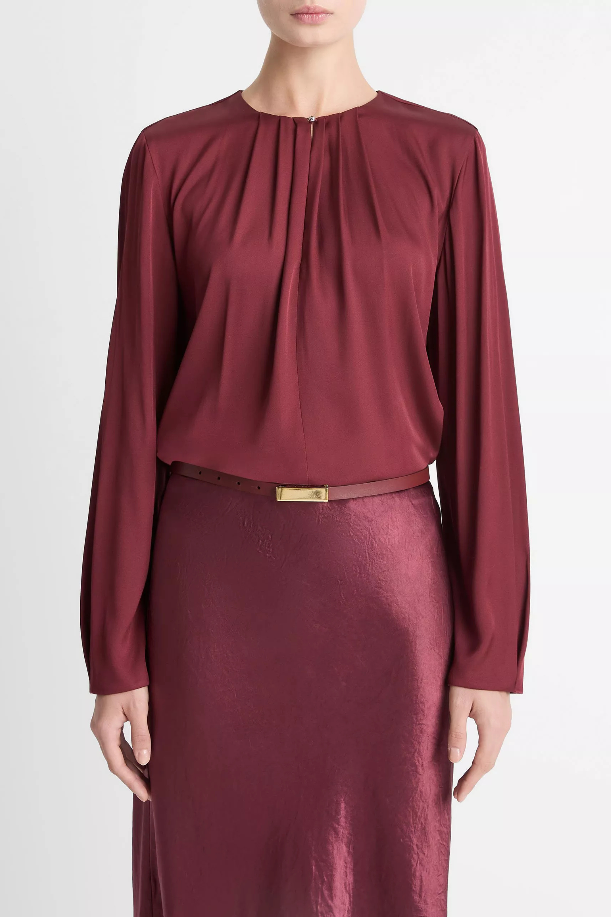 Vince Pleated Neck Long Sleeve Blouse