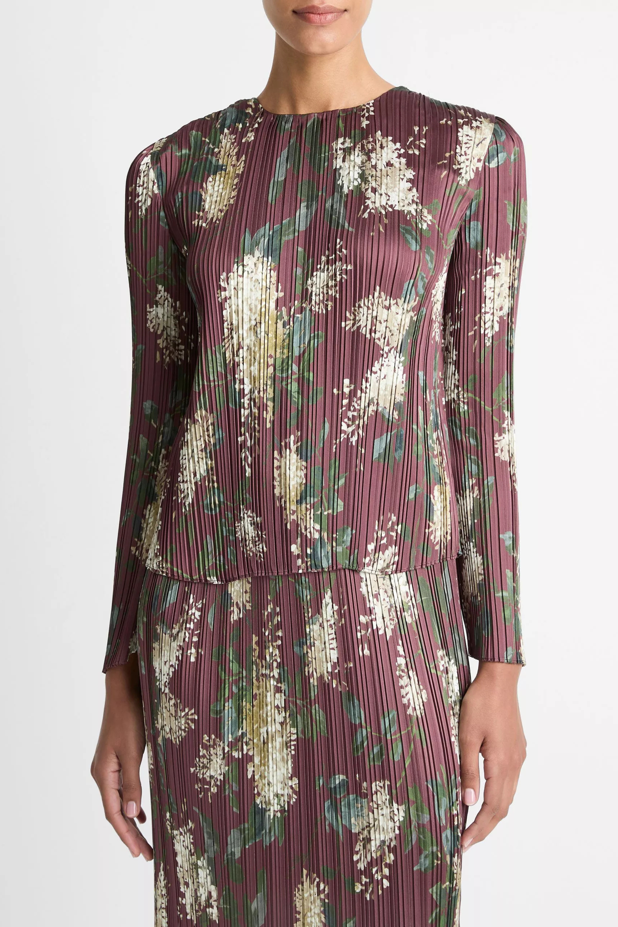 Vince Lilac Print Micro Pleated Crew Neck