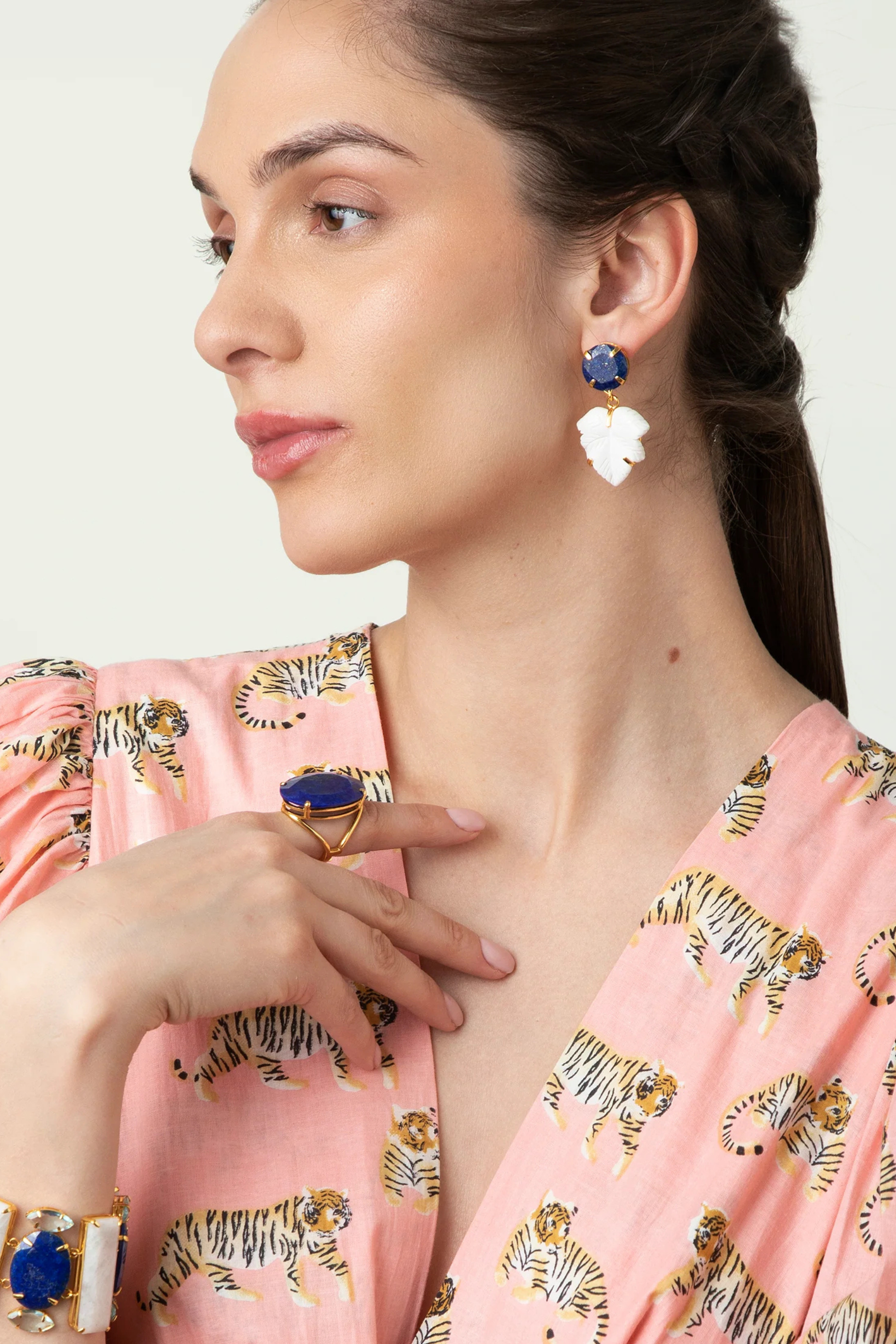 Bounkit Gem Stud Leaf Drop Earring