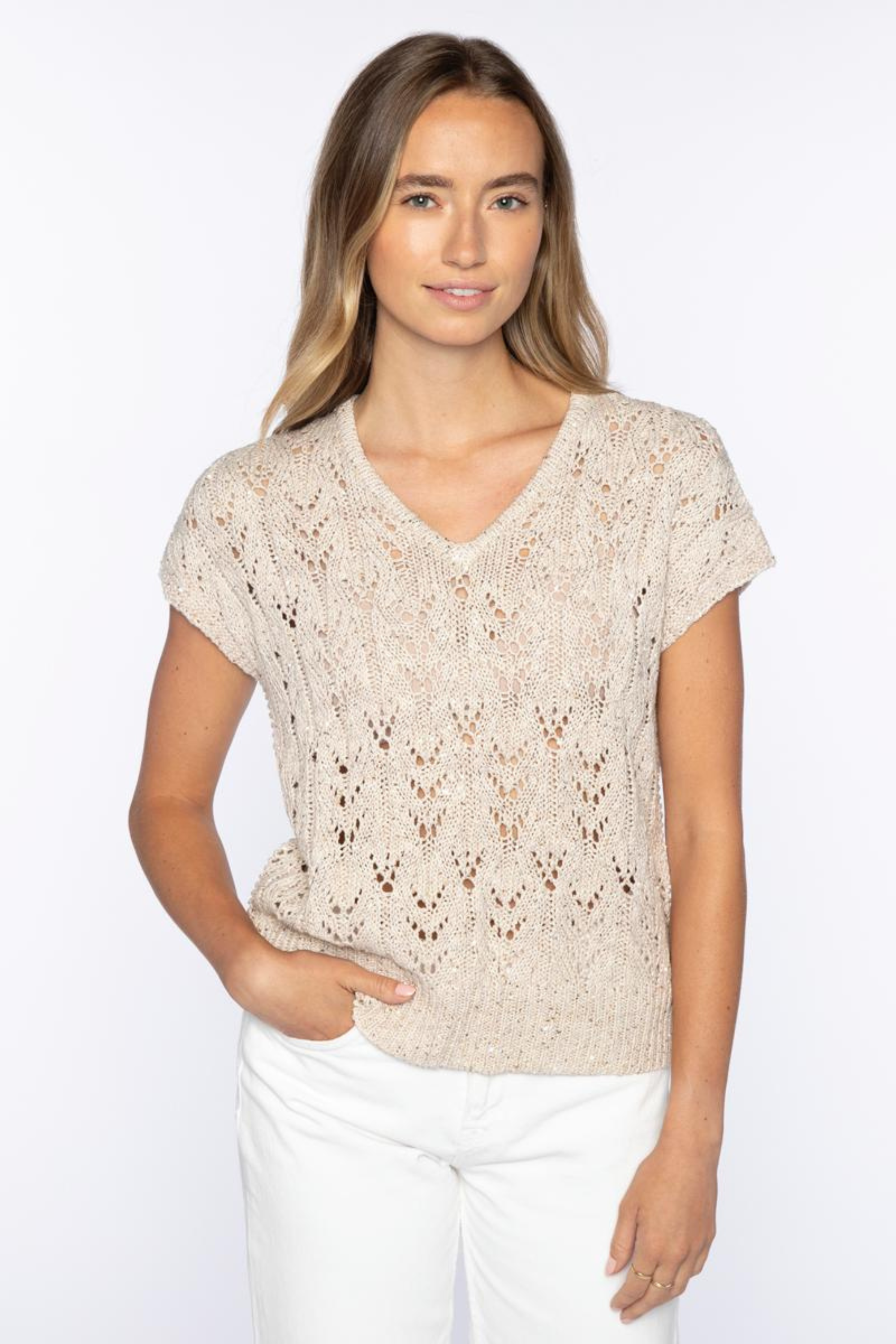Kinross Sequin Cap Sleeve Open Work Vee