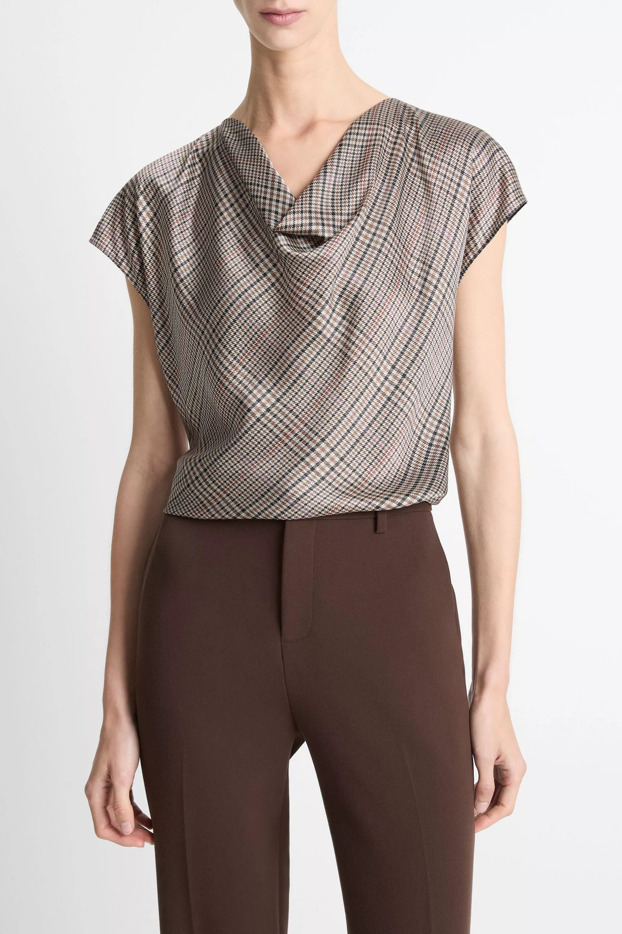 Vince Plaid Cowl Neck Blouse
