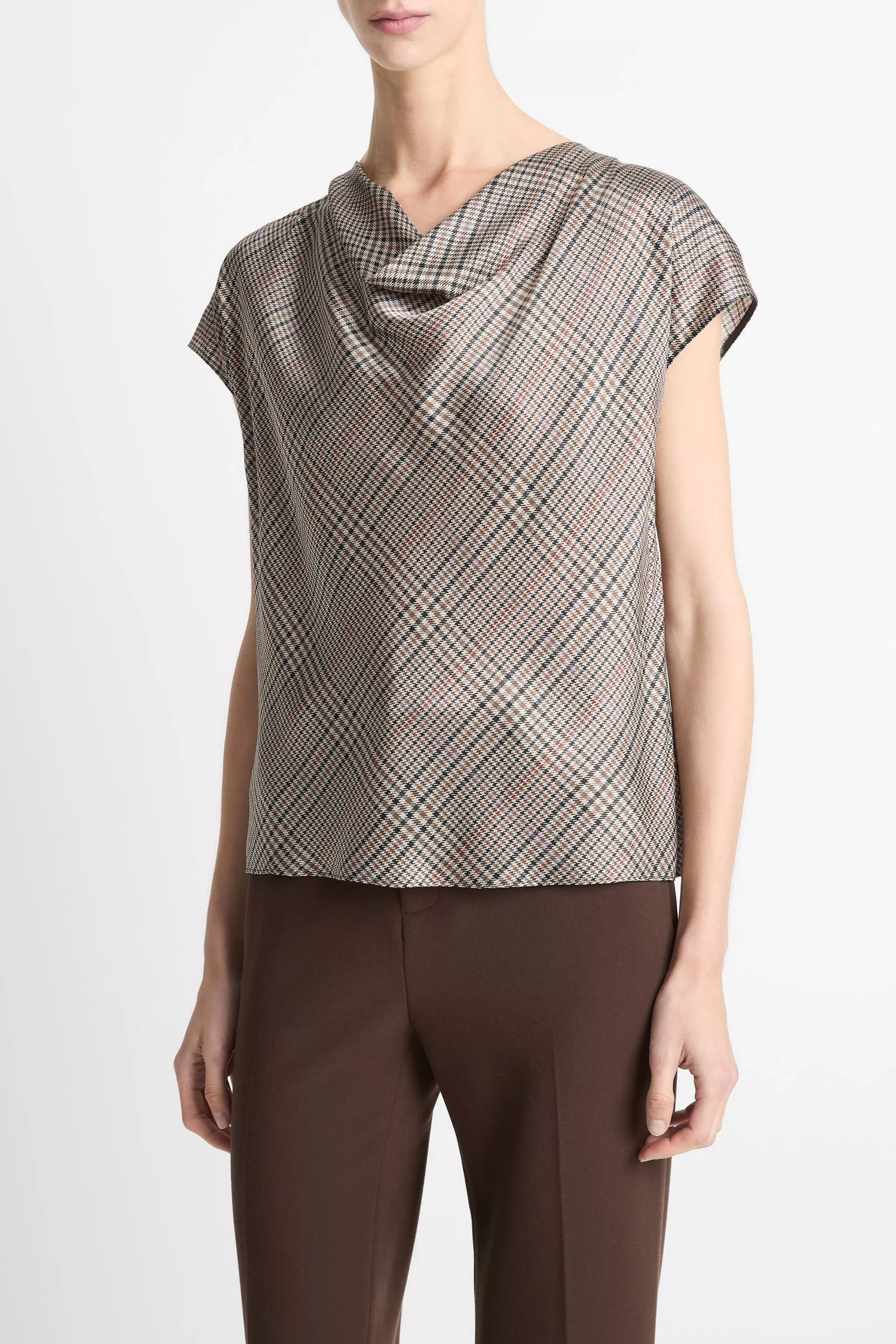 Vince Plaid Cowl Neck Blouse