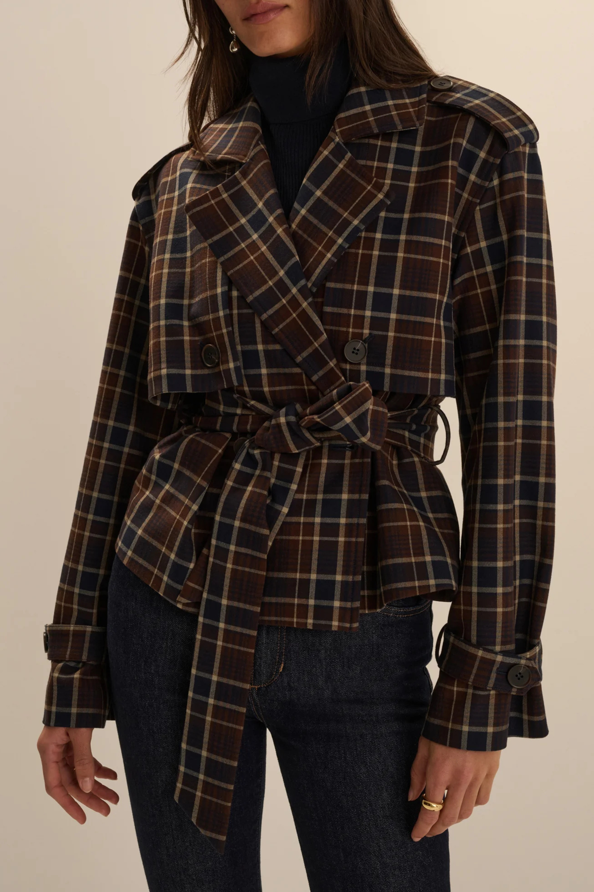 Favorite Daughter The Cropped Charles Trench in Toffee Plaid