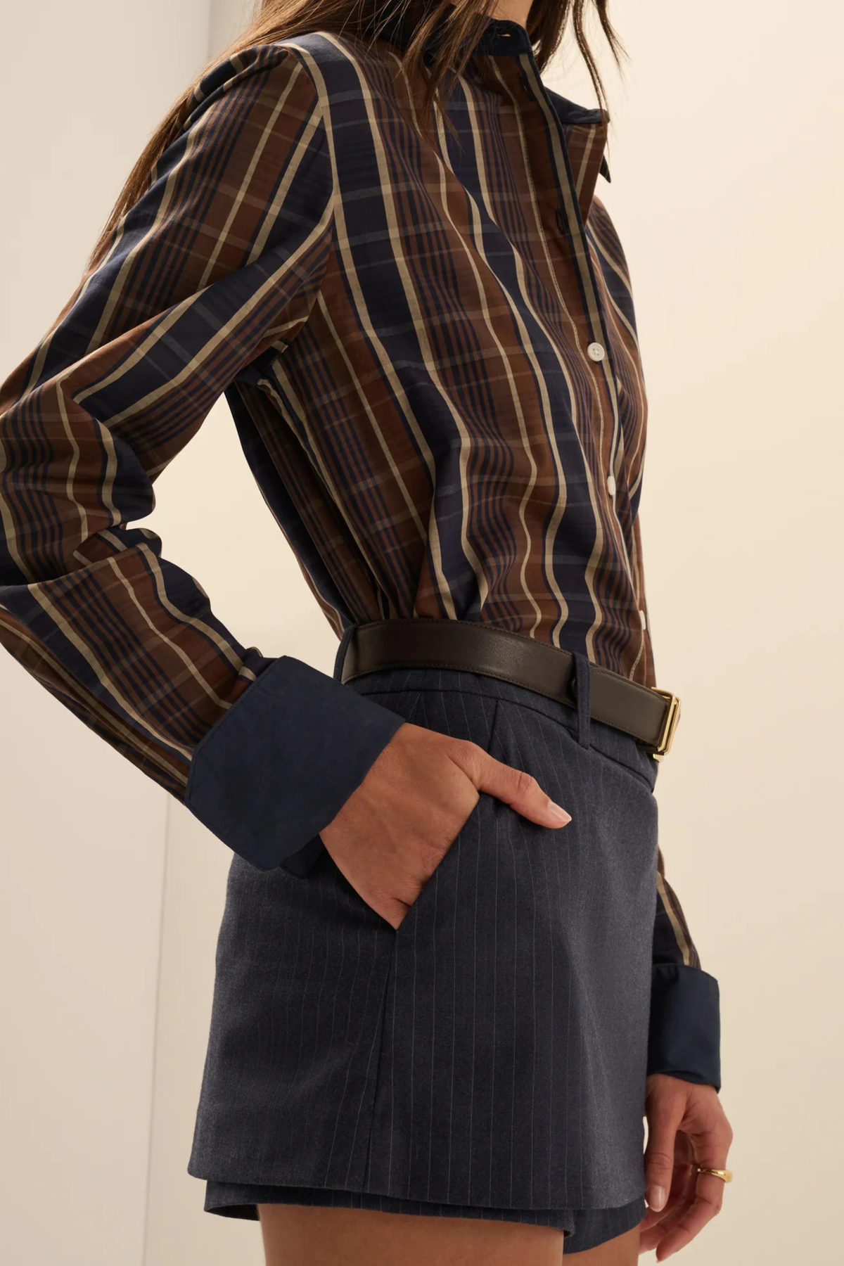 Favorite Daughter The Cuffed Statement Shirt in Toffee Plaid
