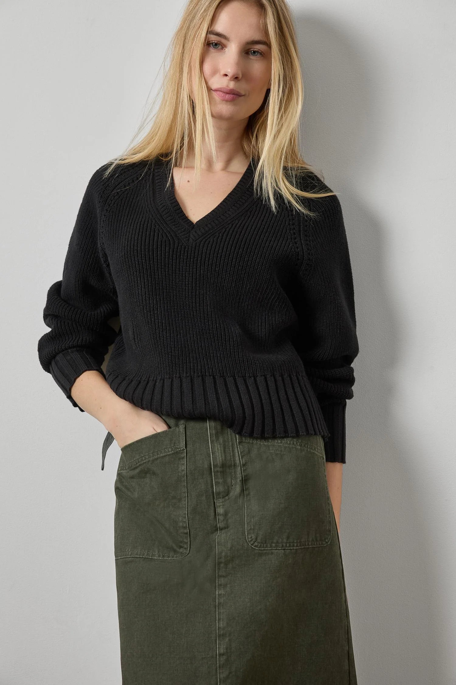 Lilla P Textured V-Neck Saddle Sweater
